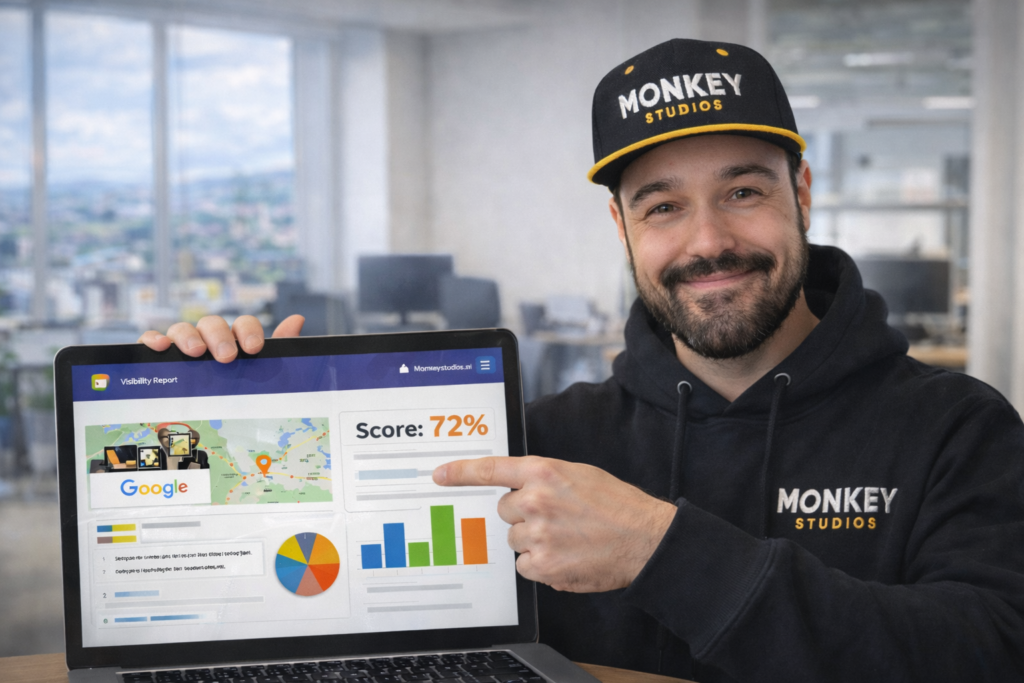 Eigenaar Monkey Studios wijst naar gratis scanrapport – bedrijf uitstraling in Limburg